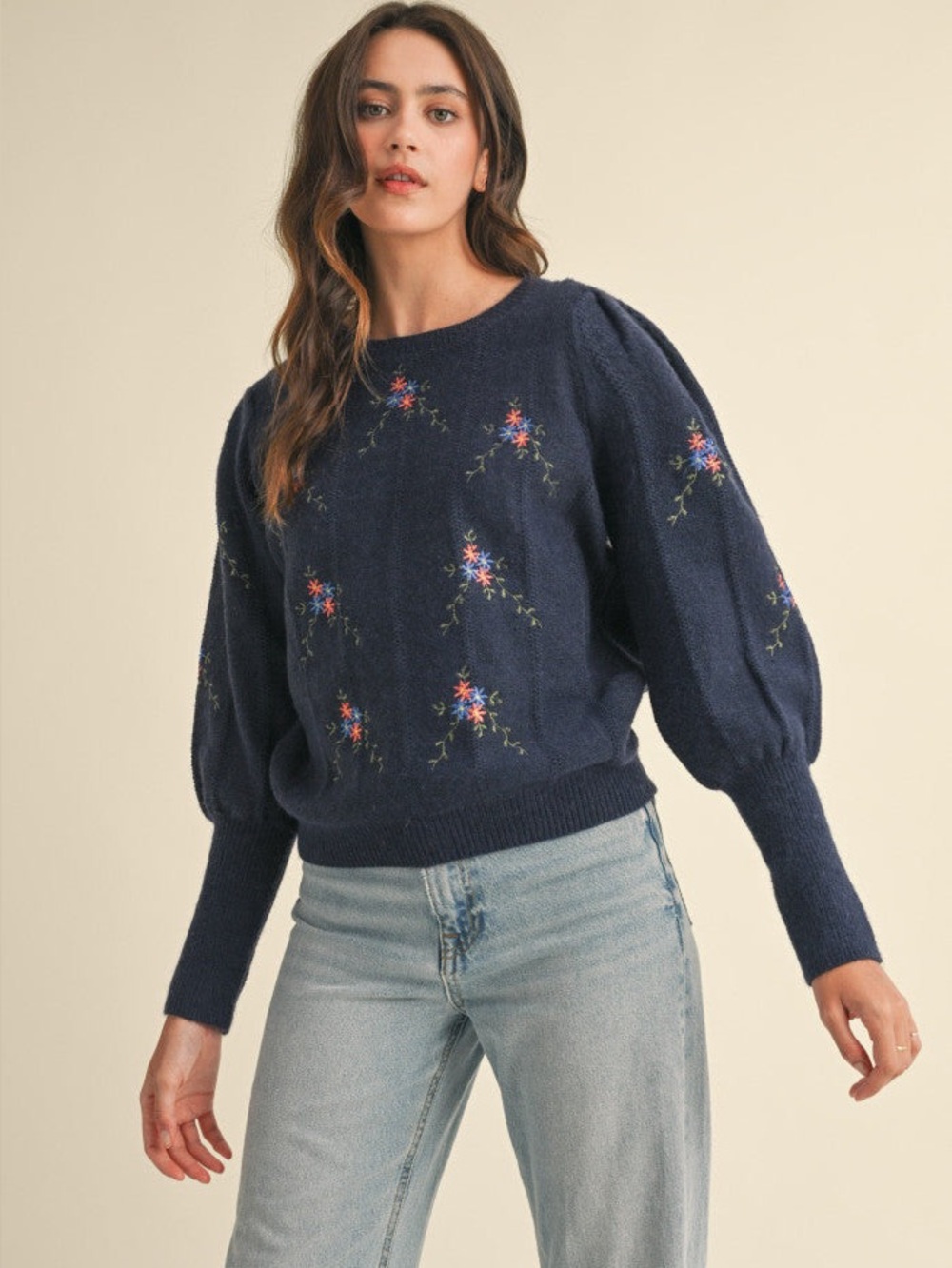 NWT &merci Navy Floral Embroidered Crewneck Long Sleeve Sweater Medium Feminine